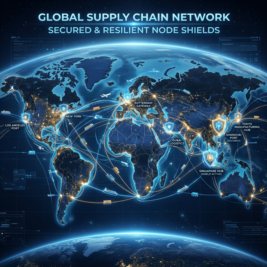 World map showing global supply chain routes with secured node shields at key locations