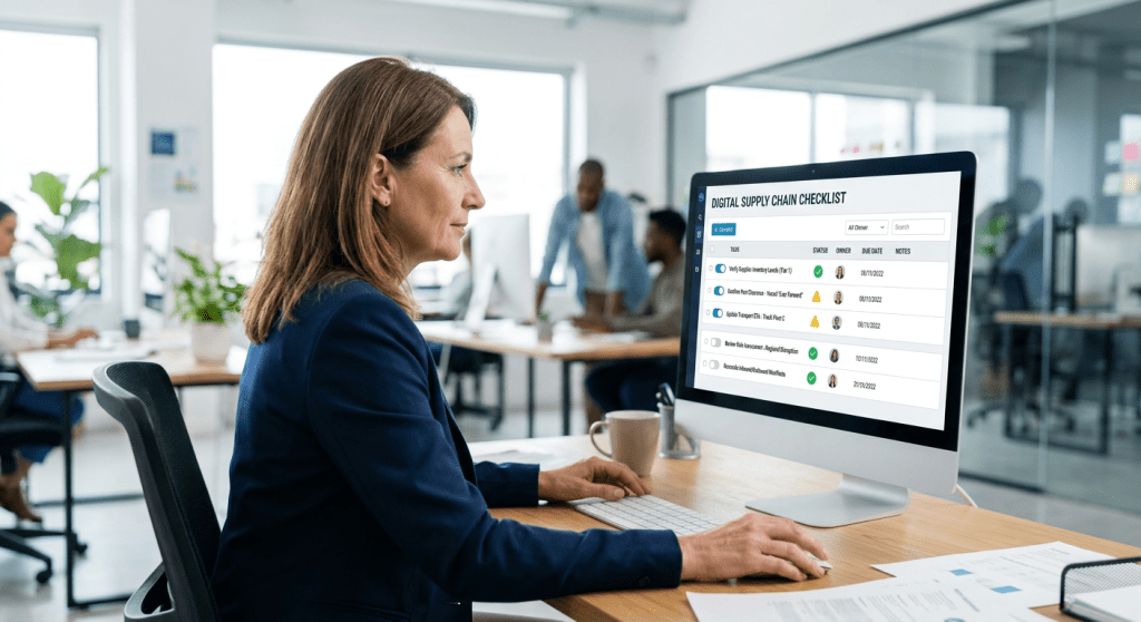 Woman in office looking at digital supply chain checklist on computer