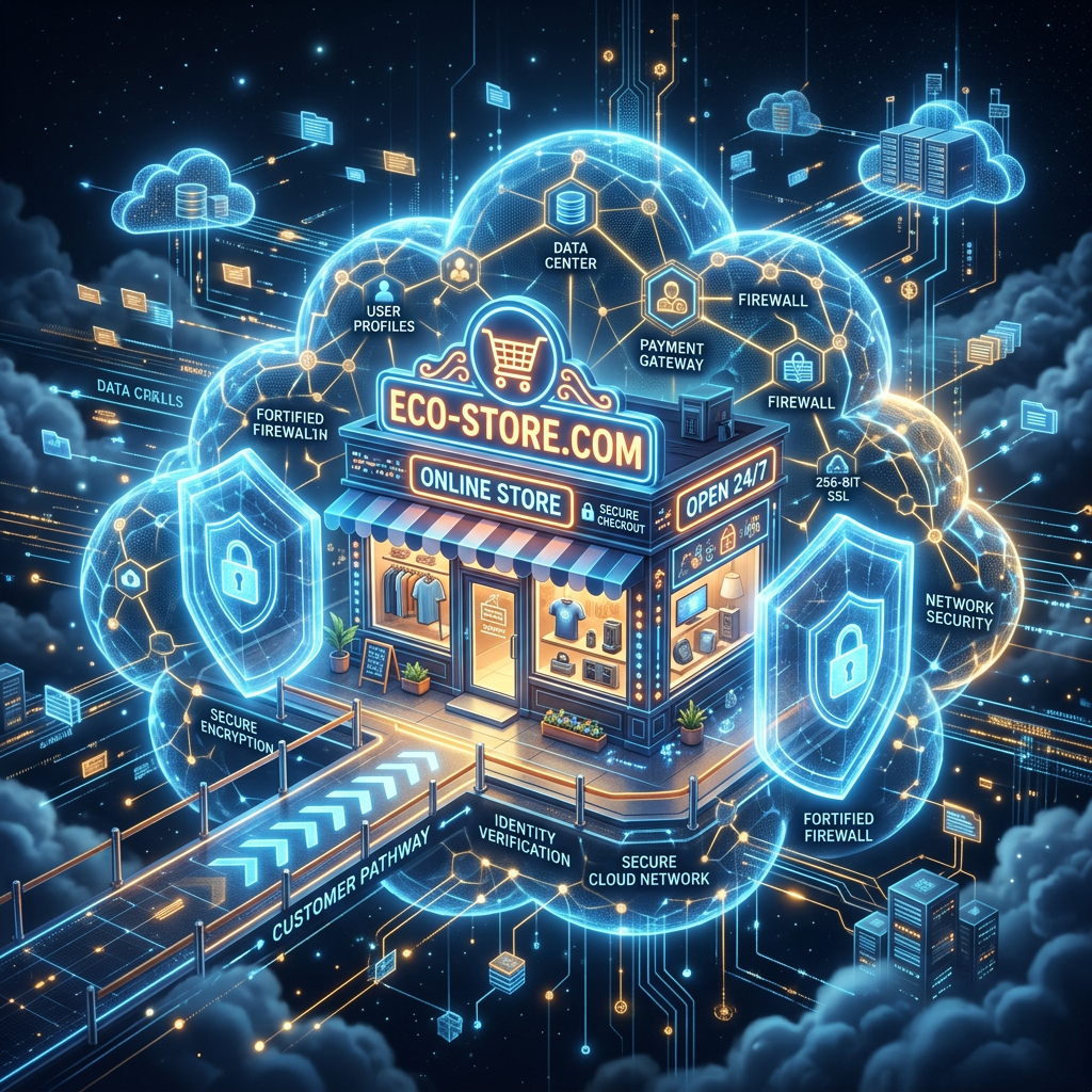 ECO-STORE.COM online store with data center, firewalls, payment gateway, and network security labels