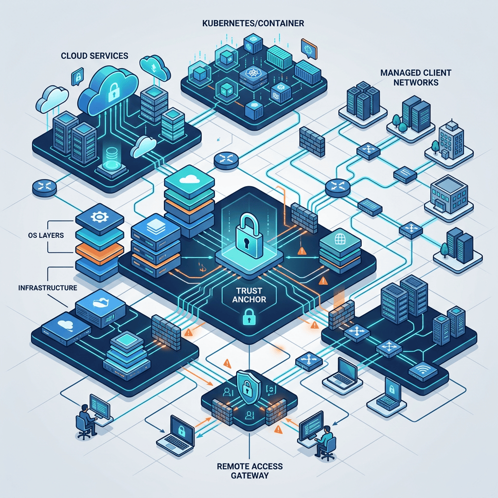 Zero-trust architecture diagram connecting cloud services, Kubernetes, networks, infrastructure, and remote access